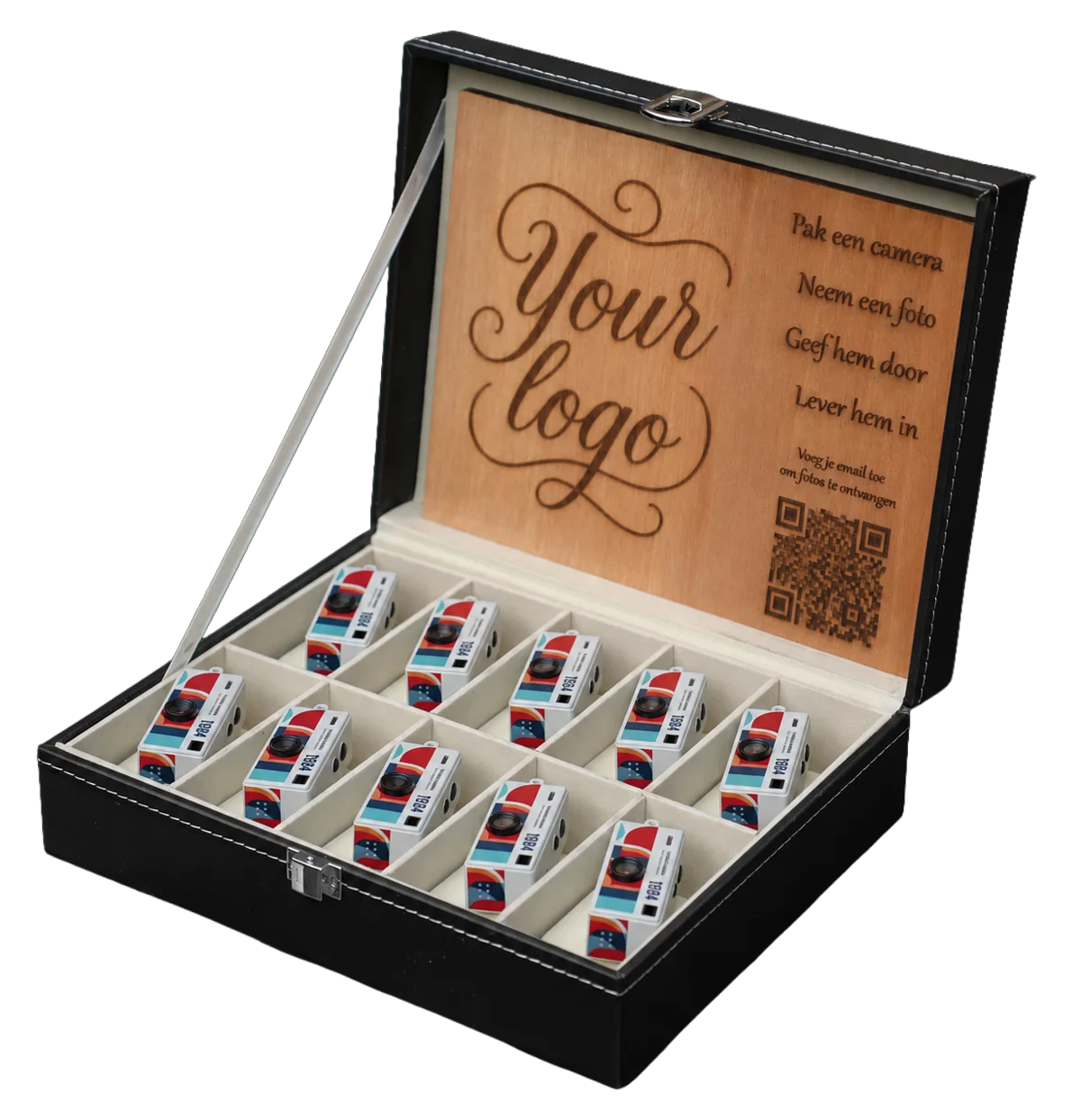 ShutterShare — presentation box with 10 mini cameras and custom branding